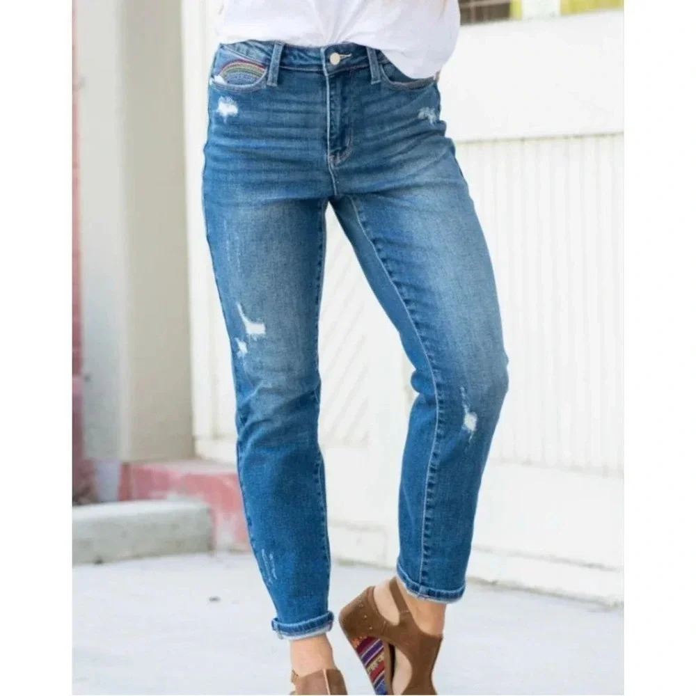 NEW Judy Blue Women's Size 27 Rainbow Embroidered High Waisted Jeans